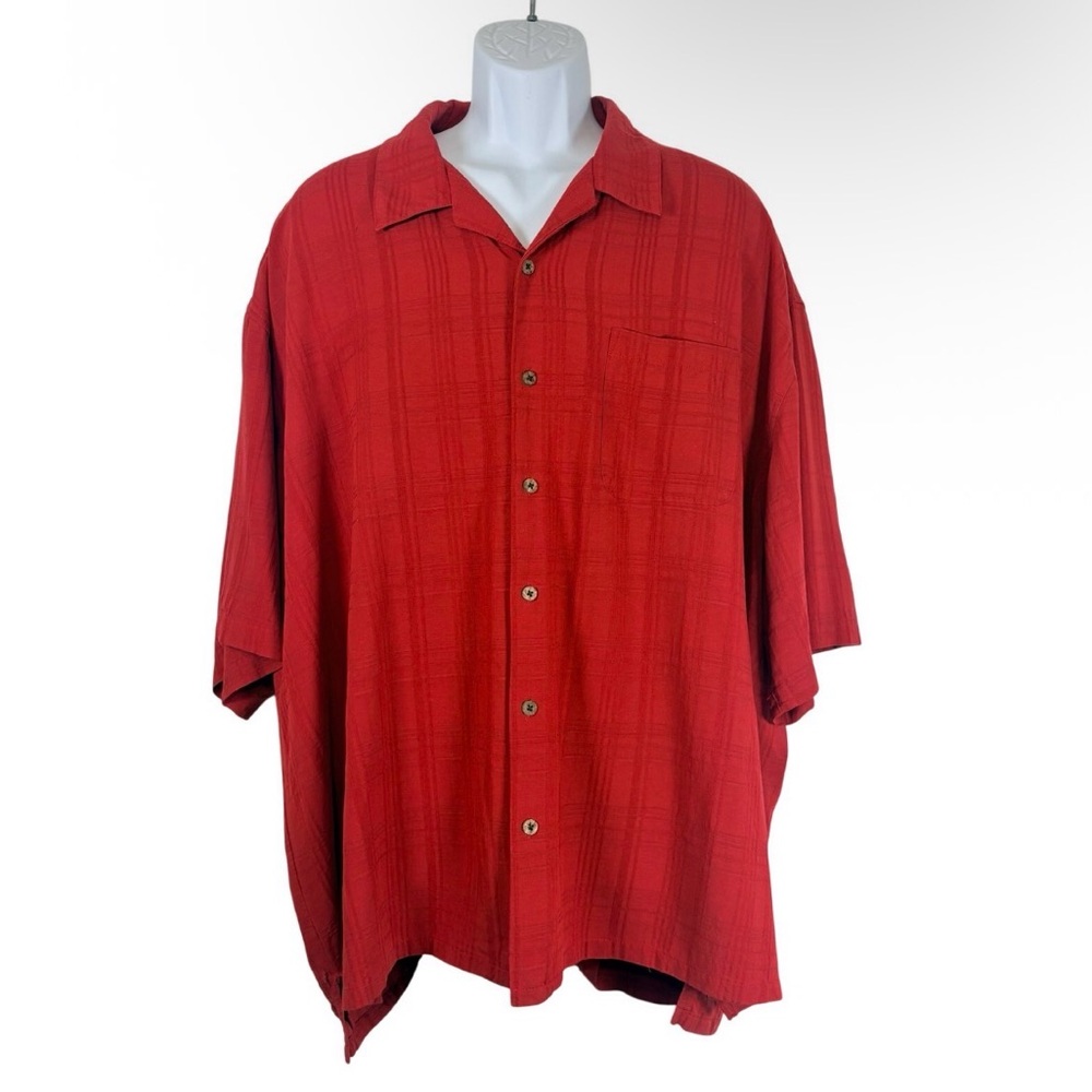 Vintage Silk Red Hawaiian Shirt Mens 4XL Camp Collar Tropical Button Up